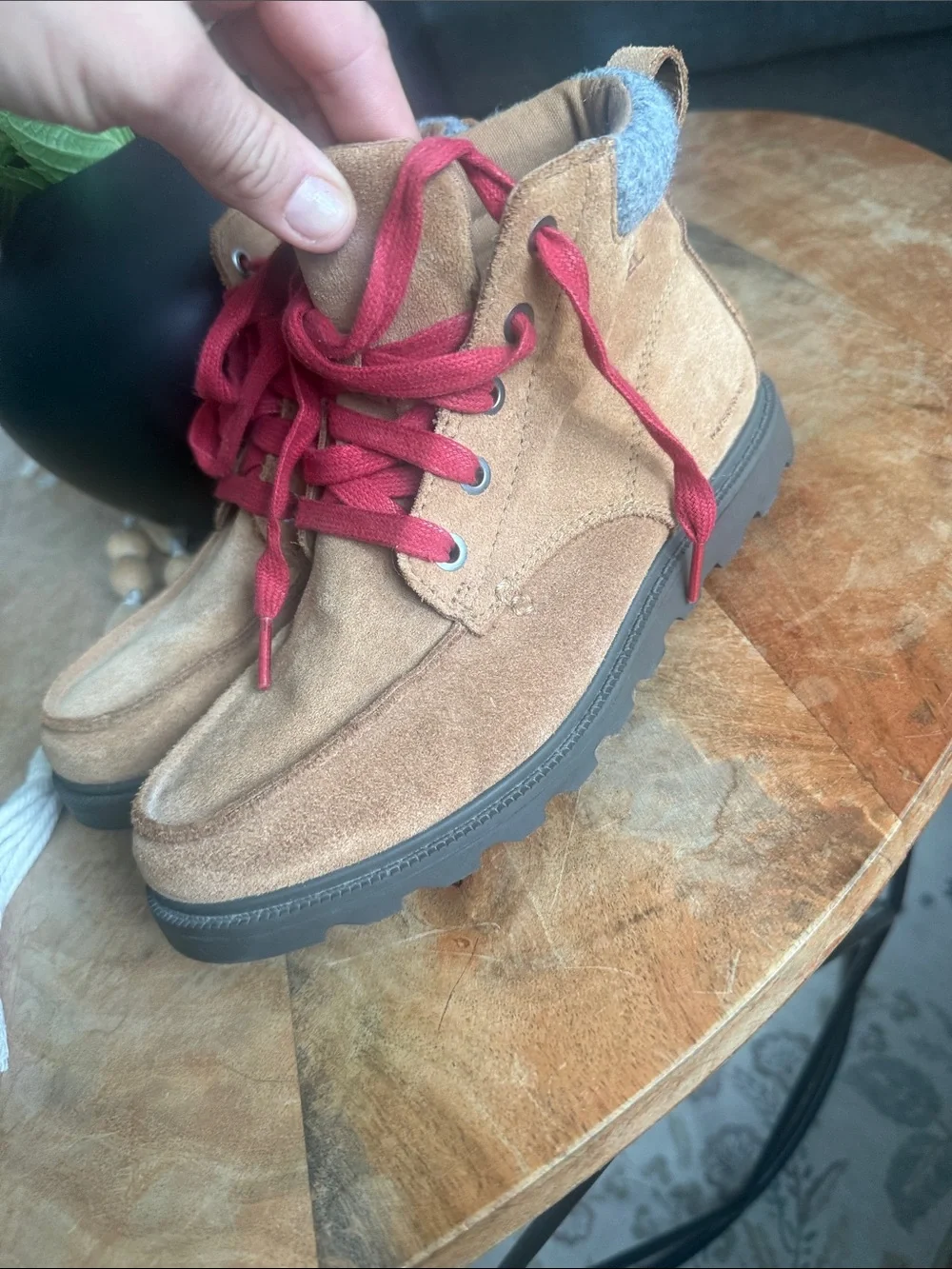 Sorel Tan Suede Ankle Boots with Red Laces